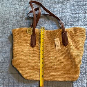 Canvas Woven Tote Bag with Brown Accents